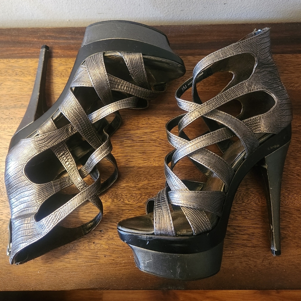 bebe | Adrianna Embossed Pewter Gladiator Heels - Picture 5 of 9